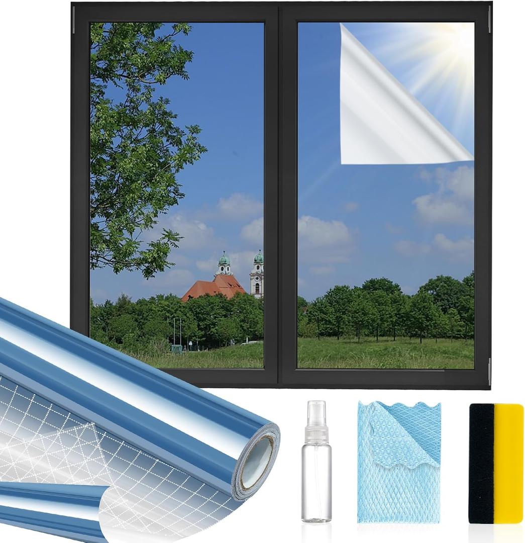 Window Privacy Film One Way, Reflective Mirror Window Film Daytime Privacy, UV Sun Blocking Heat Control Static Cling, Window Tint for Home Office - 29.5 Inch X 6.5 Feet