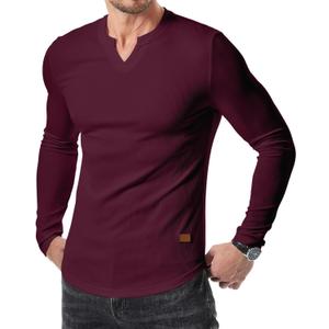 JMIERR Mens Long Sleeve Muscle T Shirts Casual V-Neck Longline Ribbed Tee Shirts (Medium, Burgundy)