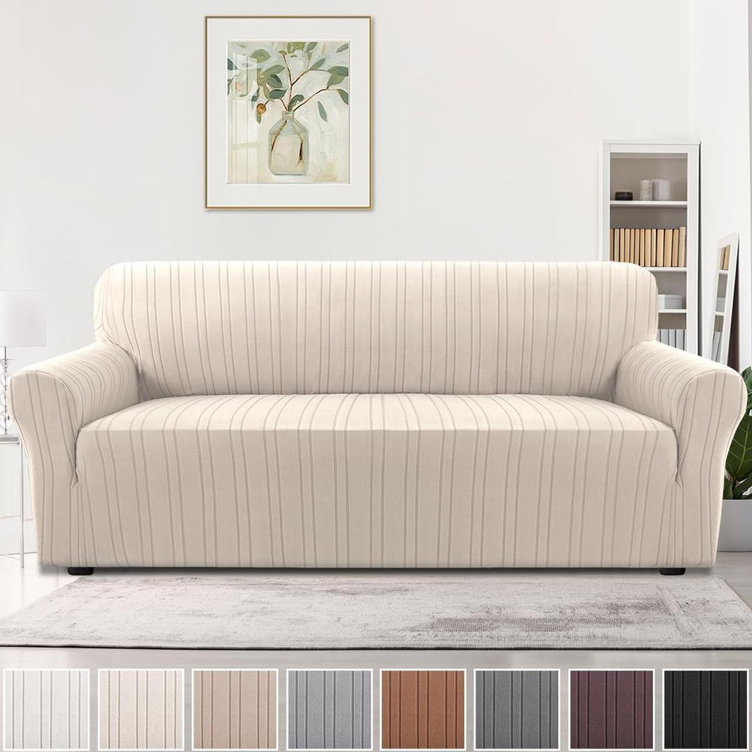 H.VERSAILTEX High Stretch Sofa Slipcover 1-Piece Couch Cover Non Slip Sofa Cover with Elastic Bottom Thick Soft Sofa Covers Washable Polyester Spandex Jacquard Fabric Stripe Design(Sofa, Natural)