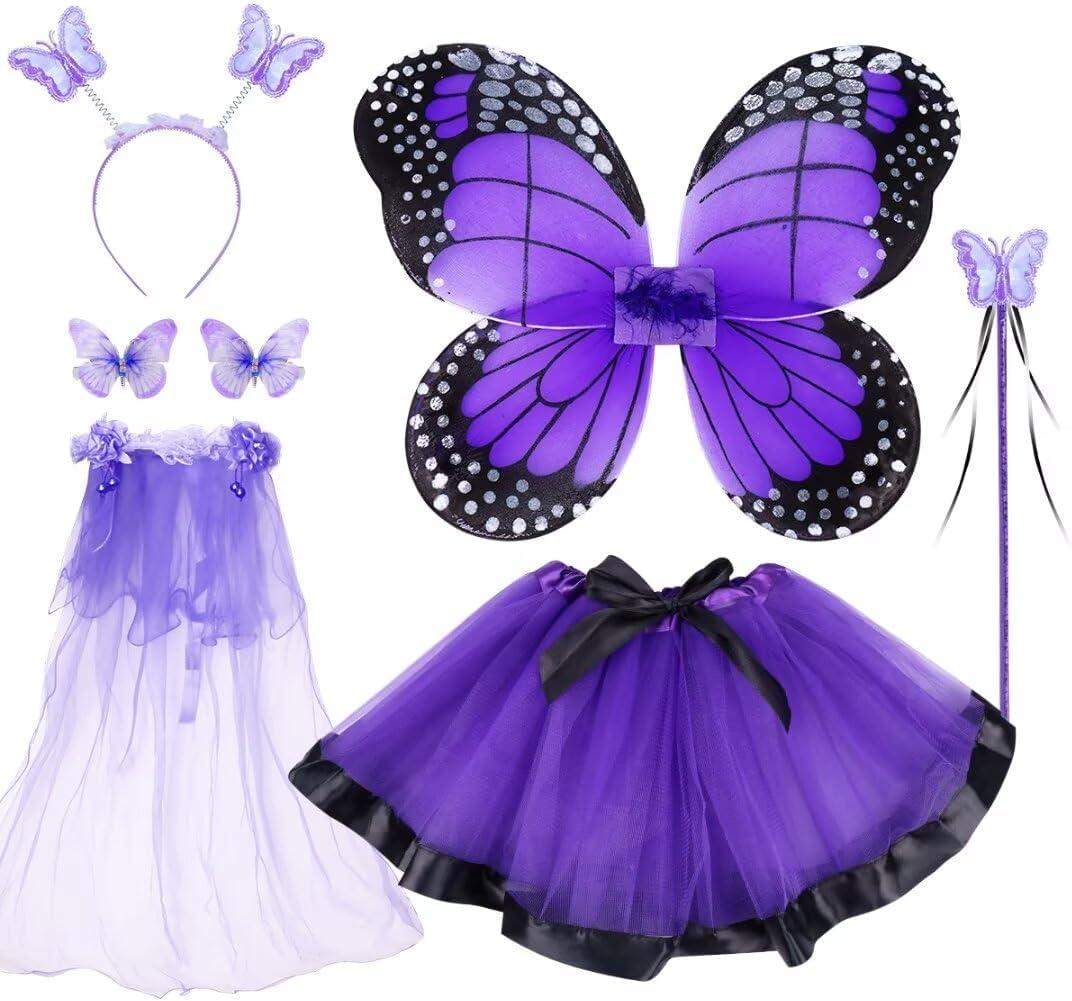 WILDPARTY Fairy Costume Set with Butterfly Wings, Tutu, Butterfly Hair Clips, Magic Wand, Headband and Veil for Age 3-8 Years (Spotty Purple)