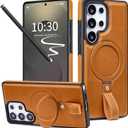 for Samsung Galaxy S25 Ultra Leather Case with Stand, Anti-Slip Grip Ring, Fits for MagSafe (Brown, S25 Ultra-6.9inch)