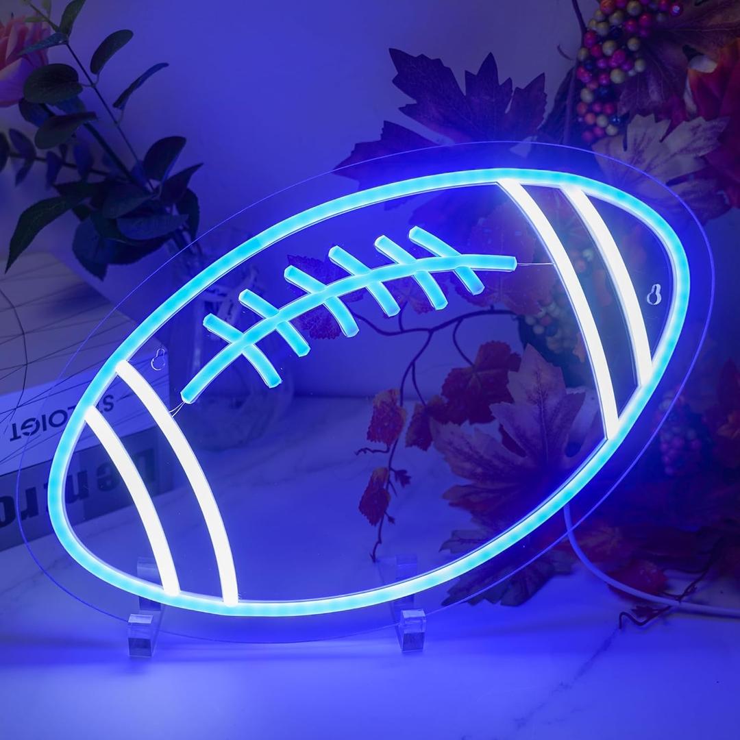 Football Neon Sign for Boys Room - Dimmable Led Football Light Signs for Wall Decor - USB Powered Rugby Night Lights for Bedroom, College, Man Cave or Pub Club - Gifts for Boy, Teens, Mens, Rugby Fans (Blue)