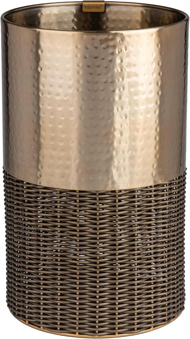 happimess HPM1102A Asher Modern 4.13-Gallon 2-Tone Faux Wicker/Metal Cylinder Waste Basket, Bronze/Coffee for Home, Bathroom, Living Room, Office, Bedroom, Kitchen