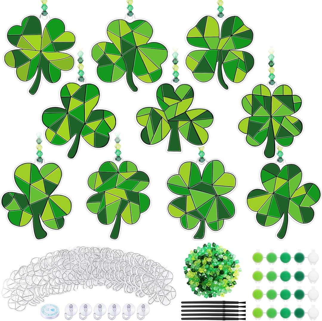 Beeveer 30 Sets St. Patricks Day Shamrock Clover Suncatchers Window Art, Lucky DIY Irish Sun Catchers Bulk Crafts Paint Your Own Window Ornaments for Adults Home Birthday Activity Party Decor