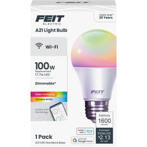 Feit Electric Smart Bulb, 100W Equivalent Color Changing and Tunable White, 2.4Ghz Wifi light bulb, No Hub Needed, Works with Alexa and Google Assistant, High CRI Dimmable LED OM100/RGBW/CA/AG, 1 Pack