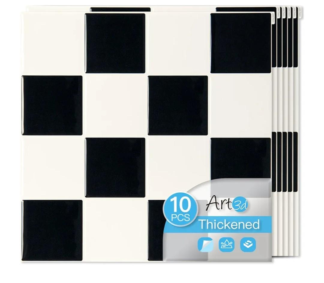 Art3d 10-Pack Heavy-Duty Peel and Stick Backsplash, 12x12 Inch Self-Adhesive Wall Tile Stick on Kitchen Countertop, Black & White