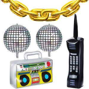 18 Pieces 80s 90s Party Decorations Rainbow Roller Skate Balloons Gold Chain Balloons Inflatable Boombox Radio Mobile Phone 4D Disco Ball Aluminum Film for Adult Hip Hop Themed Decor
