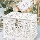 Youeon Upgraded Wooden Wedding Card Box with Lock & Key, Holder for Reception, White Hollow Heart Money Box with Card Sign for Wedding