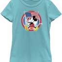 Disney Classic Mickey Flag Circle Badge Girls Short Sleeve Tee Shirt (Small, Tahiti Blue)