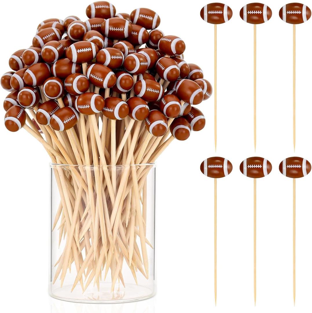 50 Pcs Football Toothpicks, 4.72 Inch Football Cocktail Picks for Appetizers, Long Bamboo Toothpicks, Decorative Toothpicks Skewers for Holiday Birthday Party Decorations (Football 3D)