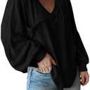 BTFBM Womens Fall Fashion 2025 Long Sleeve Shirts Casual V Neck Ribbed Knit Blouses Pullover Trendy Loose Fit Tunic Tops Large