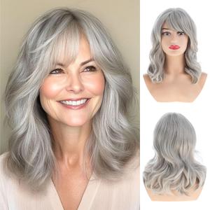 Sallcks Short Grey Bob Wig for White Women Shoudler Length Natural Wavy Bob Wig Heat Resistant Synthetic Hair Wig for Daily Party