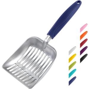 WePet Cat Litter Scoop, Aluminum Alloy Sifter, Kitty Metal Scooper, Deep Shovel, Long Handle, Poop Sifting, Kitten Pooper Lifter, Durable, Heavy Duty, for Litter Box (Small, FLAT Aluminum \ #01 Blue Handle)
