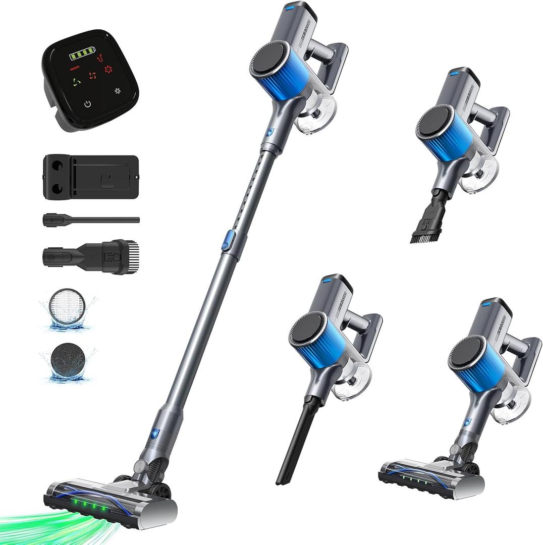Cordless Vacuum Cleaner, 6-in-1 Portable Stick Vacuum Cleaner, Powerful Suction, Lasts Up to 40 Minutes, Anti-Tangle Design, Rechargeable, Suitable for Carpets, Hard Floors and Pet Hair, Blue Gray