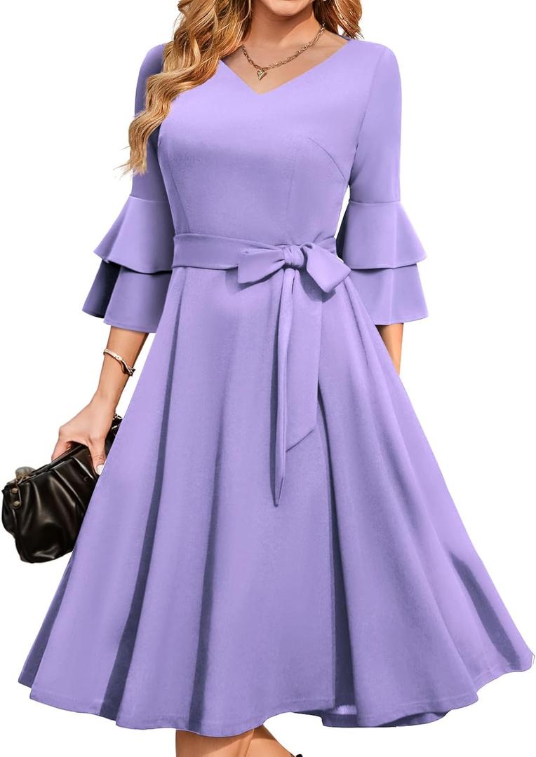 DRESSTEDRESSTELLS Womens Cocktail Dress Holiday Fall Vintage V-Neck Long Bell Half Sleeves Formal Dresses for Wedding Guest (Large)