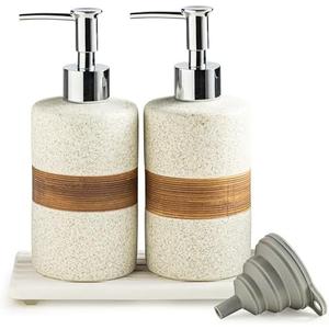 Cormomu 2-Pack Ceramic Soap Dispensers Set, Includes Stainless Steel Pump, Silicone Funnel and Diatomaceous Tray, Hand Soap, Dish Soap, Shampoo and Conditioner Dispenser for Bathroom & Washroom, White, (Only Ceramic Soap Dispensers )
