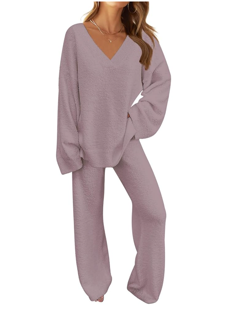 MEROKEETY Women's 2 Piece Outfits Fuzzy Fleece Pajama Set Long Sleeve Top Wide Leg Pants Loungewear, L