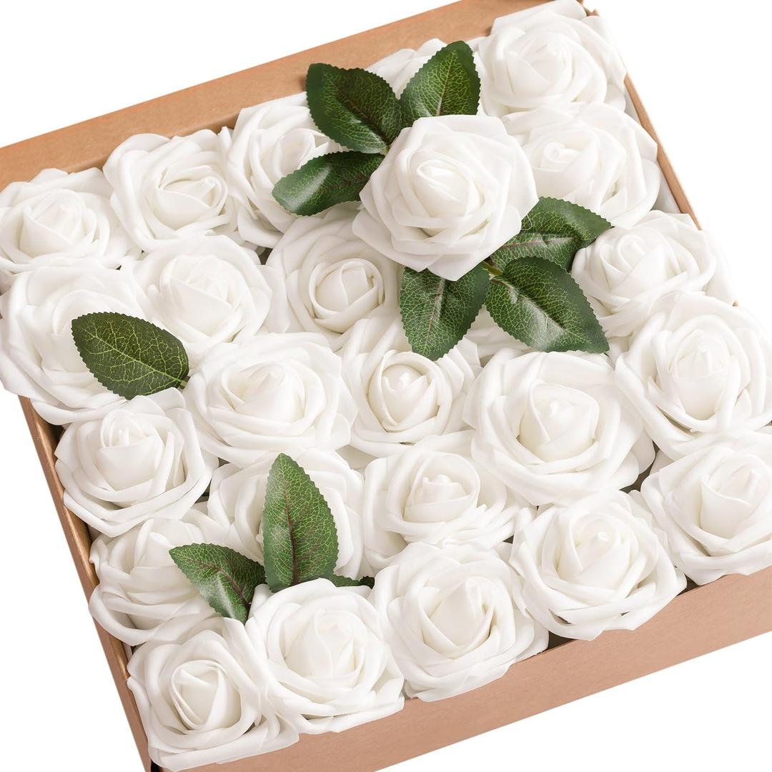 Ling's Moment Artificial Flowers 50Pcs White Roses Decor w/Stems,3" Real Touch DIY Foam Floral for Wedding Bouquet/Centerpieces, Outdoors Party Backdrop, Room/Table, and Garden/Pot Decorations