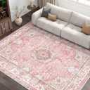 Pink Rug 6'x9' Area Rugs,Boho Washable Rug for Living Room Bedroom Dining Room,Large Vintage Bohemian Distressed Oriental Carpet Non Slip,Blush Floral Flowers