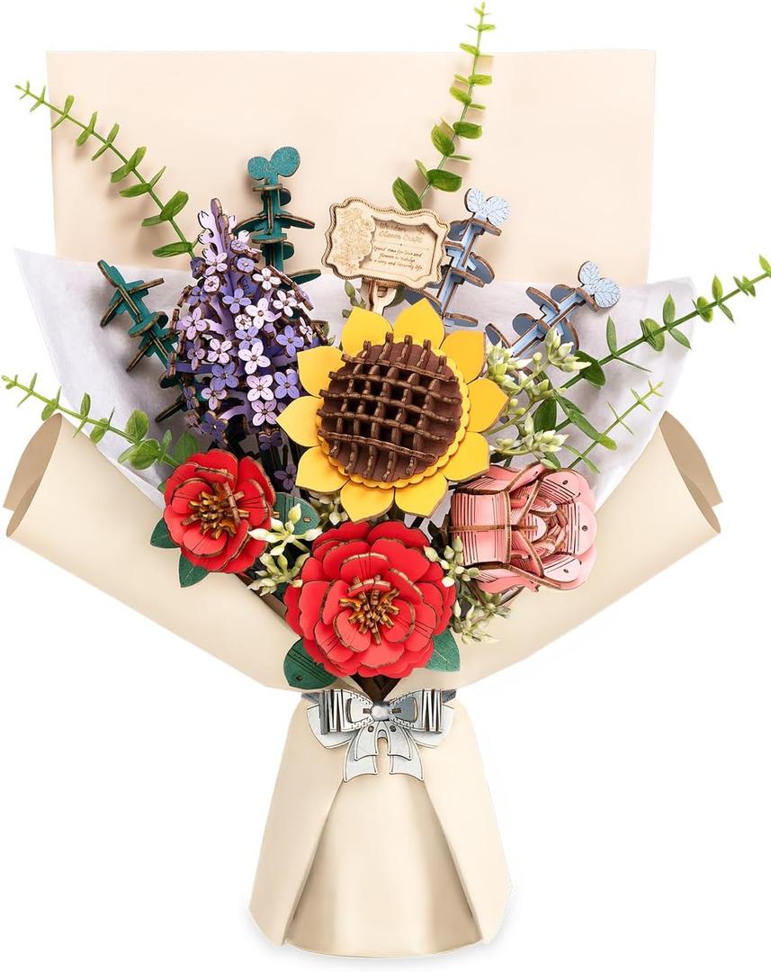 Rowood Wooden Flower Bouquet Building Set Craft Kit 3D Puzzles for Adults, Artificial Flower Botanical Collection, Mothers Day/Valentine's Day/Christmas/Birthday Gift for Women/Mom-TW01H