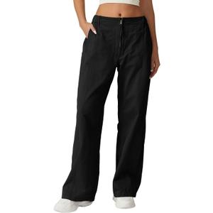 QINSEN Womens Zip Front Wide Leg Long Pants High Waist Causal Cargo Pants Cotton Pocket Palazzo Pants (X-Large, Black)