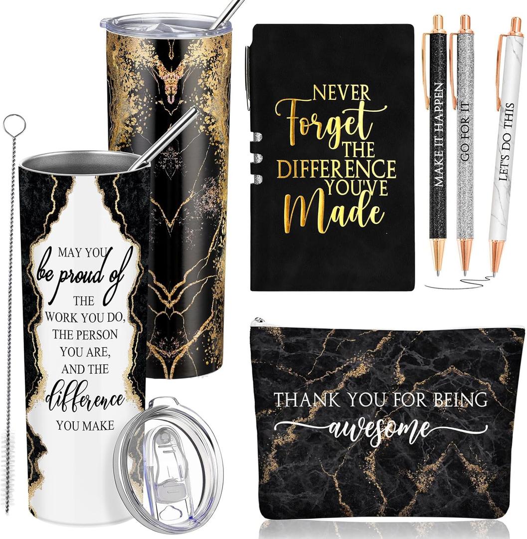 Domensi 6 Pcs Employee Appreciation Gift for Women Teacher Nurse Week Thank You Gift May You Be Proud 20 oz Rustic Marble Sign Tumbler Makeup Bag Journal for Graduation Work Business(Black)