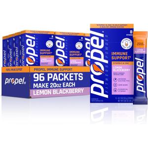 Propel Powder Packets, Immune Support, Lemon BlackBerry (Pack of 96)
100% DV Vitamin C, Good Source of Zinc, Zero Sugar, Gatorade Electrolytes, No Added Colors, No Artificial Flavors