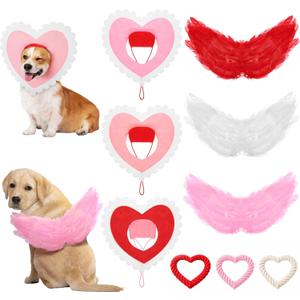 9 Pcs Dog Valentine's Day Outfit with White Feather Wing Heart Hat Headband Heart Shaped Rope Toy Love Themed Dog Outfits Pet Scarf for Medium Dogs Holiday Accessory(13.8 Inches/ 35 cm)