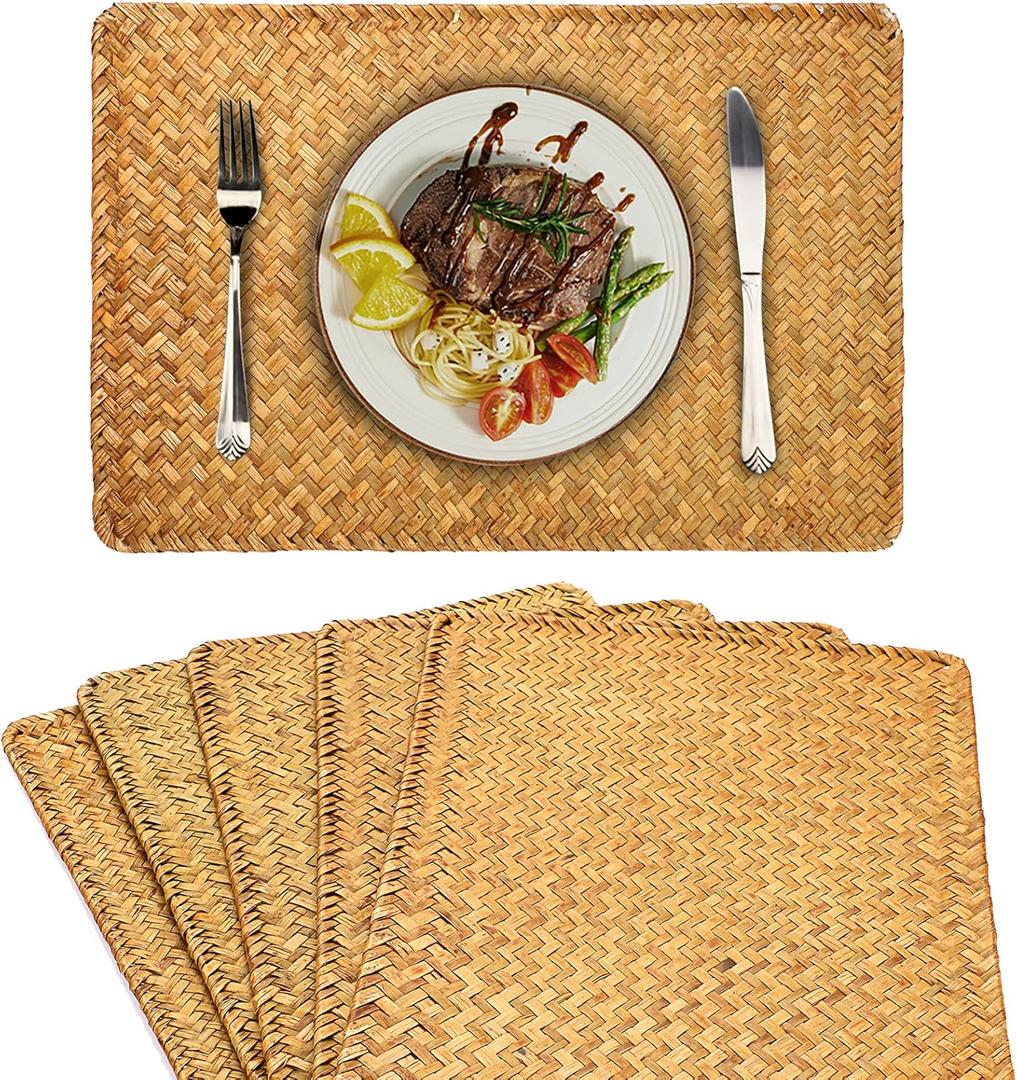 OwnMy Pack of 6 Natural Seagrass Placemats Woven Rattan Place Mat Rectangular Table Mats, 17" x 12" Sea Grass Meal Placemat Bamboo Place Mats for Dining Table Home Kitchen Picnic Table, Caramel Color