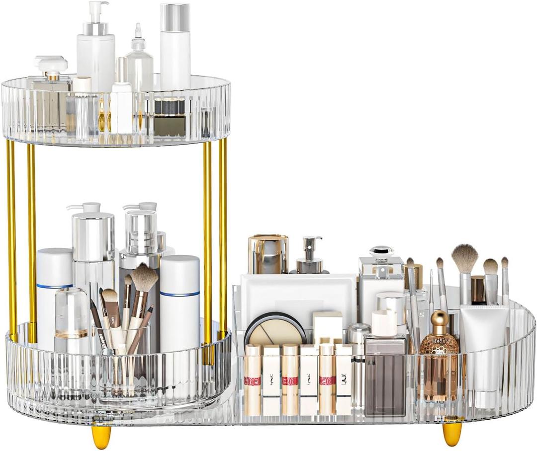 Beborxue Makeup Organizer Countertop for Vanity, 360 Rotating Cosmetic Skincare Perfume Organizers, Large Capacity Cosmetic Display Case for Dresser, Bathroom Countertop (Clear)