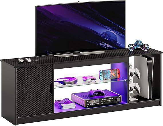 Bestier LED Entertainment Center for PS5, Gaming TV Stand with Cabinet 55/65 Inch TV, Modern TV Console with Adjustable Glass Shelf Living Room Bedroom, Black Carbon Fiber 57"