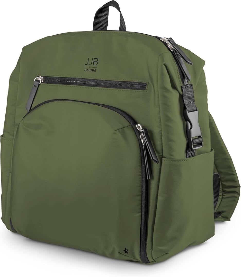 JuJuBe Modern Diaper Bag Backpack with Portable Changing Pad, Stroller Straps, Large Travel Backpack for Boy or Girl, Carrying Baby Bottles, Wipes, Diapers, Pacifiers, Olive, Mother's Day Gift