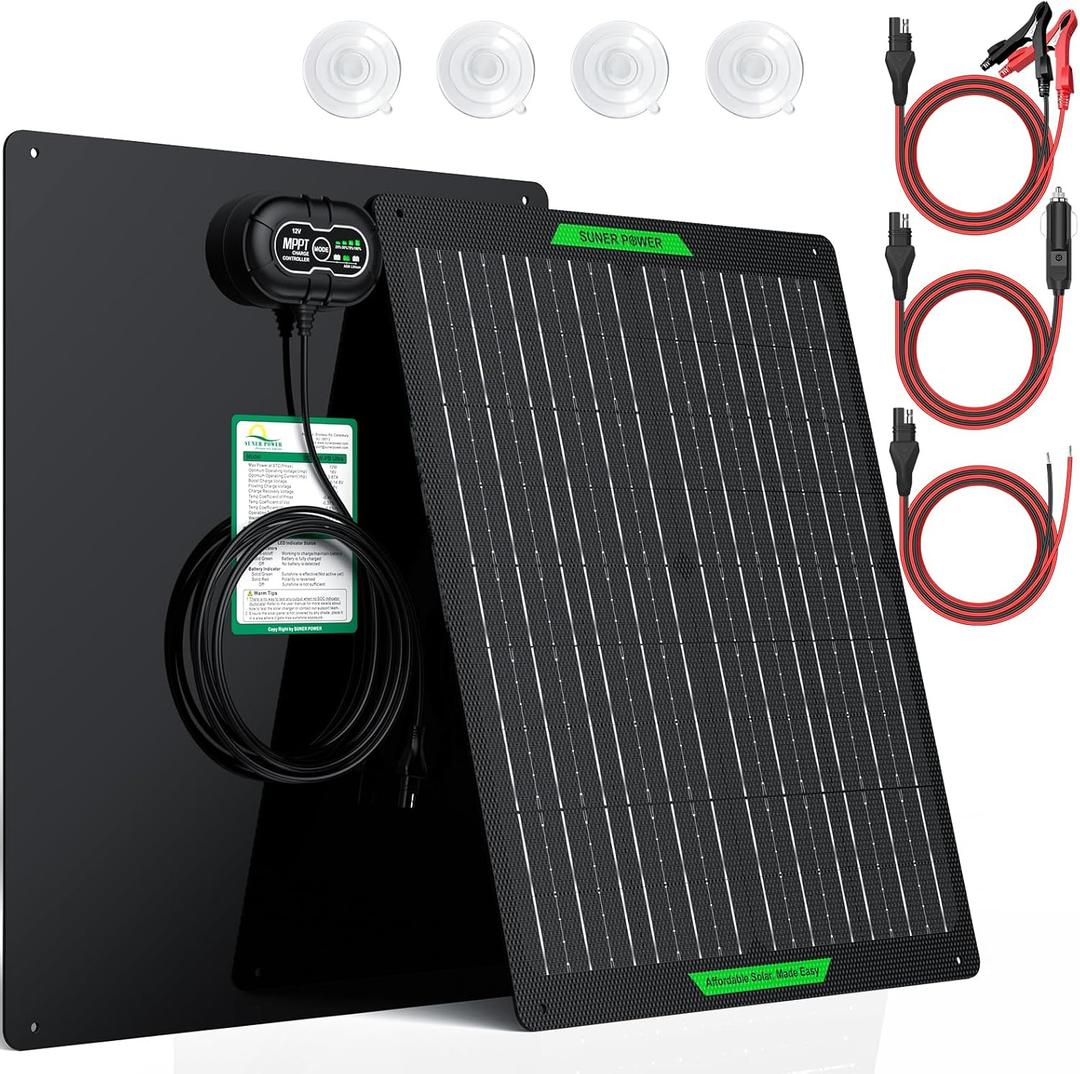 SUNER POWER Waterproof 30W 12V Solar Battery Charger & Maintainer PRO, Built-in Ultra Smart MPPT Charge Controller, 12 Volt Solar Panel Trickle Charging Kits for Car Automotive Boat Marine RV Trailer