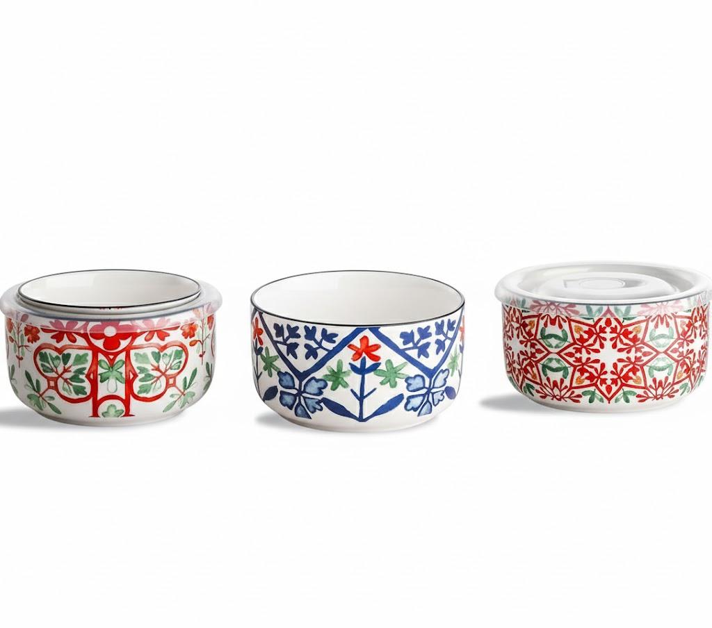 Chubacoo Ceramic Bowl with Lid: Microwave Safe Soup Containers Set of 3 for Meal Prep, Cereal, Salad, Picnic, Camping, Office Lunch, Kitchen Food Storage 5 Inch, 20 oz, Design A