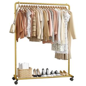 Sakugi Clothes Rack - Clothing Rack with Storage Mesh Shelf & Casters, Heavy-Duty Metal Clothing Rack for Hanging Clothes, Dresses, Coats, Large Load Capacity, Easy Assembly, Gold, 44.3"x16.9"x59.0"