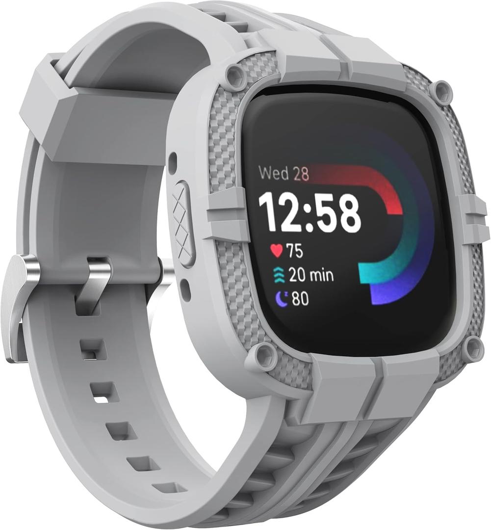 GELISHI Compatible for Fitbit Versa 4/ Fitbit Sense 2 Bands Men, Rugged Protective Case with TPU Sport Band Smartwatch Wristband Grey
