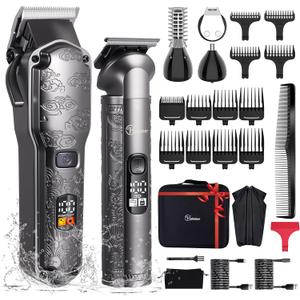 Hatteker Professional Hair Clippers for Men Beard Trimmer Clippers Set Waterproof T-Blade Trimmer Cordless Grooming Kit Nose Body Hair Barber Clippers Hair Cutting Kit (Grey)