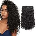 REECHO Curly Hair Extensions - 4PCS 14" GoGo Curly Clip in Hair Extensions 100% Super Protein Hairpieces with Invisible Lace Weft Silky Soft Natural Look for Women - Black Brown