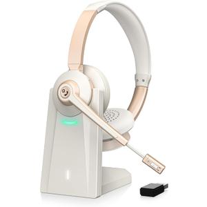 Wireless Headset with Mic for Work, Bluetooth Headset with Microphone, AI Noise Canceling Mic & USB Dongle, Wireless Headphones with Mic Mute & Charging Base for Office/Call Center/Laptop/Zoom (Champagne Gold & White)