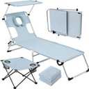Karenhi 4 Pcs Tanning Chair Set with Canopy Shade Face Hole Includes an Adjustable Sun Lounger Chair, Portable Beach Table, and 2 Pcs Replacement Towels for Outside Sunbathing Poolside(Blue), 35.43" x 68.90"