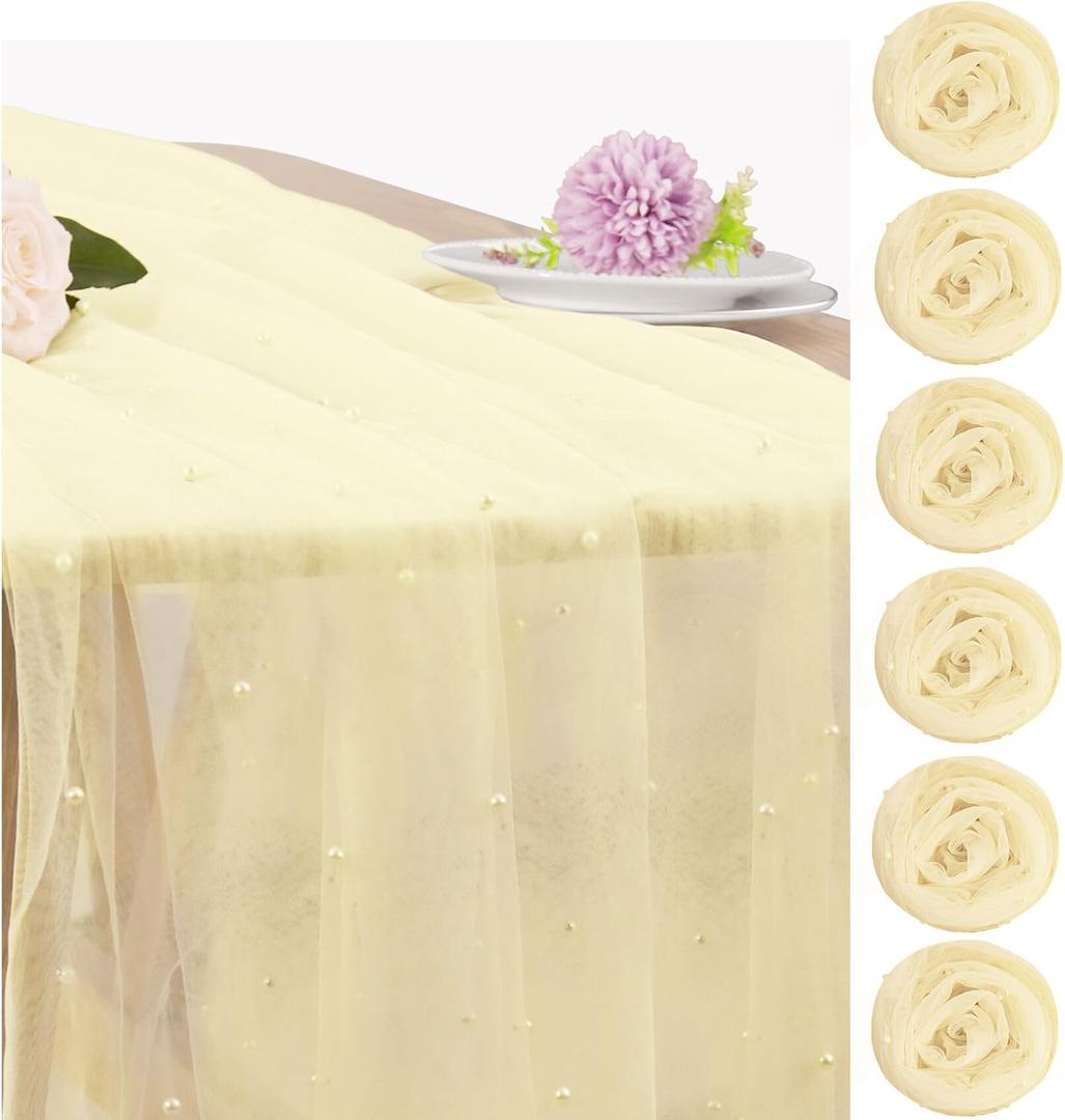 Set of 6 Pearl Table Runner 29 x 120 Inch Tulle Fabric Lace Table Runners for Bridal Shower Birthday Party Wedding Arch Dessert Table Decor(Ivory)