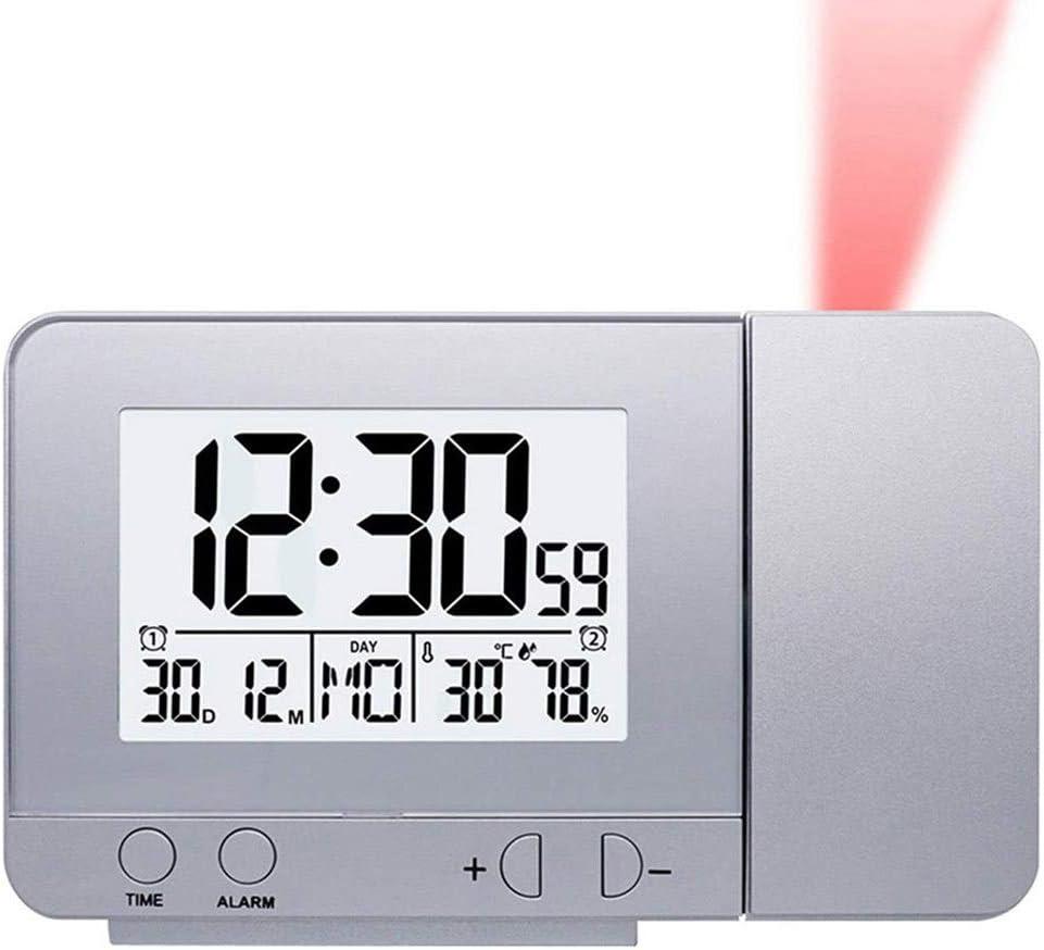 Digital Projection Alarm Clock, Dimmable LCD Display, Dual Alarm with USB Charging Port, 12/24 Hours, Indoor Temperature/Day/Manual Time Adjustment/Date Display