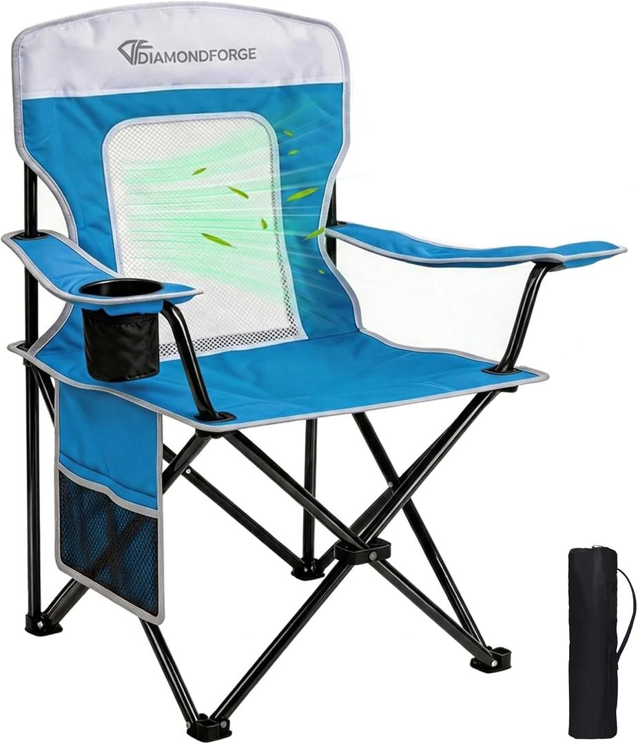 Camping Chair, 300 LBS Breathable Mesh Lawn Chairs Folding (Blue White) | High Back, Portable Outdoor Folding Camping Chair for Adults, with Cup Holder for Picnic, Lawn, Beach, Fishing and Sports