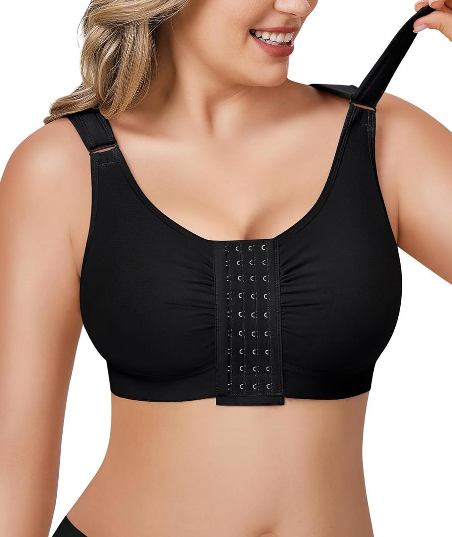 BRABIC Post Surgery Front Closure Bras for Women Full Coverage Compression Mastectomy Wireless Bra with Adjustable Straps (Black, XL)