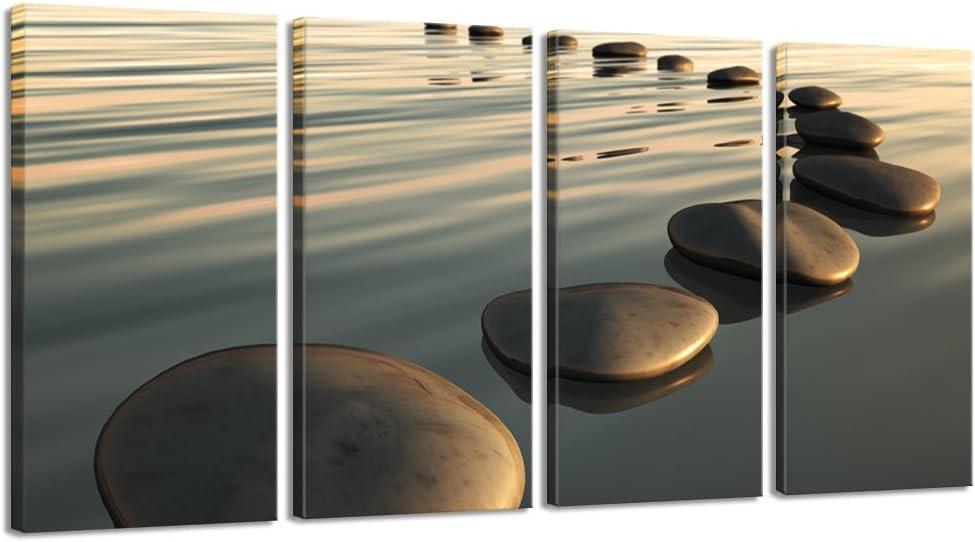 LevvArts - Large Zen Canvas Wall Art Basalt Stone at Sunset Relax Picture Spa Living Room Office Wall Decor Peaceful Scenery Artwork Framed Ready to Hang- 64" W x 32" H Overall