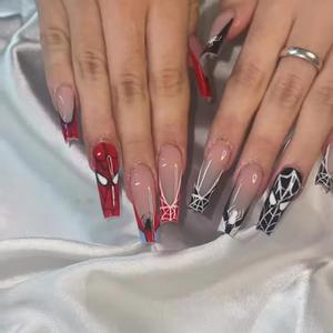 24 Pcs Halloween Fake Nails Long Black Spider Web Press on Nails Black Red French Tip False Nails Full Cover Halloween Glue on Nails Square Artificial Nails Halloween Acrylic Stick on Nails for Women 
