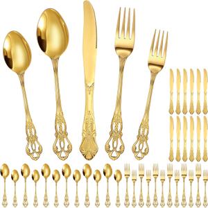 Dandat 60 Pcs Retro Royal Silverware Set Stainless Steel Flatware Tableware Cutlery Utensils Set Including Fork Spoon and Knife for Kitchen Restaurant Home Wedding Birthday Party Favor (Gold)