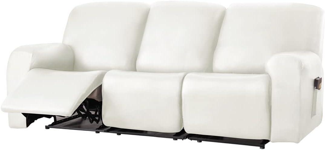 vctops 8 Pieces Waterproof Faux PU Leather Recliner Sofa Covers Stretch Soft 3 Seats Couch Cover Anti-Slip Sofa Slipcover Furniture Protector with Elastic Bottom for Kids Pet(White,3 Seat)