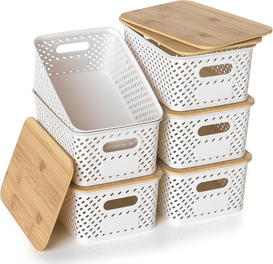 Plastic Storage Bins with Bamboo Lids, Stackable Small Box Baskets for Organizing and Containers for Shelves Drawers Desktop Closet Pantry Classroom Office Home, 6 Pack 10.2x7.2x4.1 Inch, White