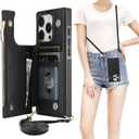 Bocasal Crossbody Wallet Case for iPhone 15 Pro with RFID Blocking Card Slot Holder, Magnetic Flip Folio Purse Case, PU Leather Zipper Handbag with Detachable Lanyard Strap 6.1 Inch 5G (Black)